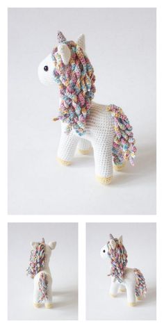 crocheted toy pony with multicolored mane and tail, standing on white background