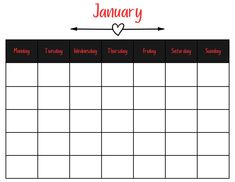 a printable calendar for january with hearts on it