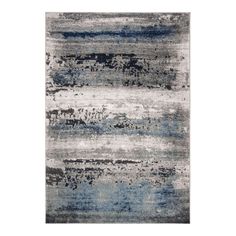 an abstract rug with blue and grey tones on it, including stripes in the middle