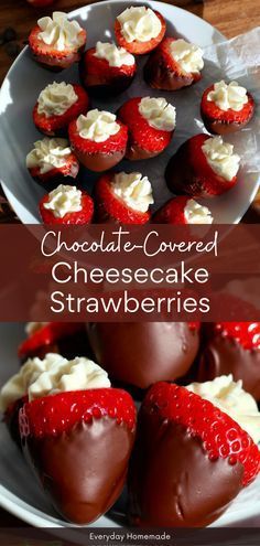 chocolate covered cheesecake strawberries on a white plate with the words chocolate covered cheesecake strawberries