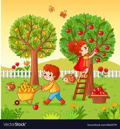 children picking apples from trees in the yard with an apple tree and other fruit on display