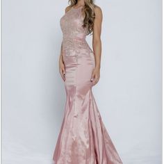 Look Glamorous In This Sexy Halter Top Mermaid Stretchy Taffeta Dress With Gold Beaded Embroidery On Bodice And Back Floor Length Color: Blush Pink Floor-length Mermaid Dress With Sweep Train, Pink Mermaid Hem Evening Dress, Pink Sleeveless Mermaid Dress For Prom, Pink Mermaid Dress For Prom Evening, Pink Sleeveless Mermaid Evening Dress, Pink Mermaid Dress With Sweep Train For Party, Pink Mermaid Dress With Fitted Bodice For Formal Events, Pink Mermaid Hem Evening Dress For Formal Occasions, Glamorous Floor-length Pink Mermaid Dress