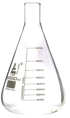 a glass flask with an empty beaker on the bottom that is filled with liquid