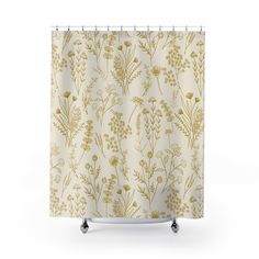 a shower curtain with flowers and leaves in gold on a white background - product images