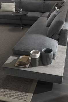 a living room filled with lots of grey furniture