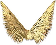 a gold necklace with large wings on it