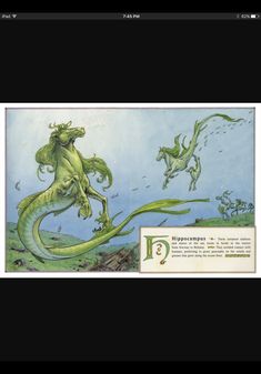 an image of a green dragon in the water with other animals around it, as well as a letter d