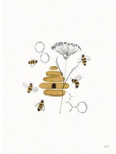 a drawing of bees and flowers with honeycombs