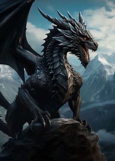 a black dragon sitting on top of a rock