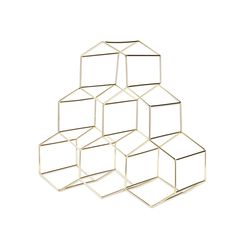 six gold geometric boxes stacked on top of each other, with one in the middle