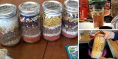 several pictures of jars filled with different types of food in them, including popcorn and other items