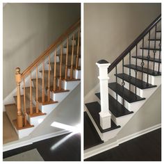 two pictures of stairs and railings in a house