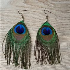 Peacock Feather Earrings, Beautiful And Natural Pieces, Bought In An Artisanal Event. Nwot Bohemian Peacock Earrings For Gift, Handmade Bohemian Peacock Earrings, Blue Feather Earrings, Multicolor Feather Earrings For Gift, Peacock Feather Earrings, Peacock Feather, Feather Earrings, Earrings Color, Feathers