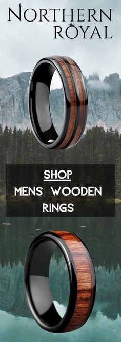 two men's rings with wood inlays are shown on the front and back of