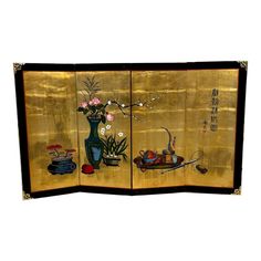 This is a gorgeous vintage Chinoiserie Asian style lacquered 4 panel painted folding screen or wall hanging with brass hanging brackets.   Sturdy and functional, with minor cosmetic imperfections consistent with age.  Dimensions: - 60 in wide open  - 0.75 in deep open  - 30 in wide closed - 2 in deep closed  - 36 in tall Oversized Area Rugs, Vintage Chinoiserie, Folding Screen, Turkish Art, Painted Paneling, Accent Throw Pillows, Area Rug Runners, 8x10 Area Rugs, Fireplace Accessories