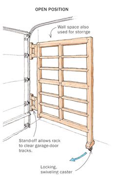 an open wooden door with instructions to install the track and how to use it for storage