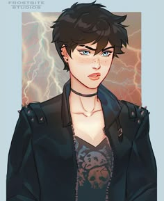 a drawing of a man with blue eyes and black hair, wearing a leather jacket