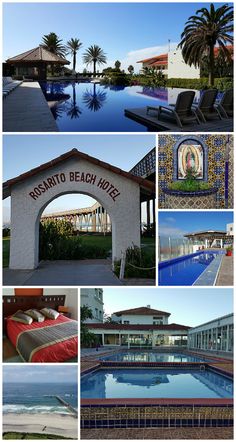 many different pictures of hotels and swimming pools in the same area, including an open air pool