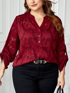 Plus Size Elegant Lace Cutout Special Texture Fabric Shirt For Teacher Outfit Red Casual  Long Sleeve Woven Fabric Plain Top Non-Stretch  Women Plus Clothing, size features are:Bust: ,Length: ,Sleeve Length: Plus Size Elegant, Jacquard Shirt, Texture Fabric, Velvet Shirt, Teacher Outfit, Lace Cutout, Wedding Shirts, Plain Tops, Roll Up Sleeves