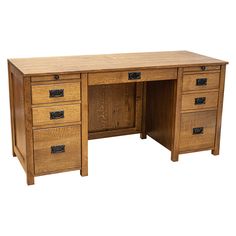 a wooden desk with four drawers on each side and one drawer at the top that is open