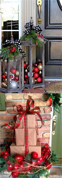 christmas decorations and presents are displayed on the front porch for holiday cheerers to enjoy