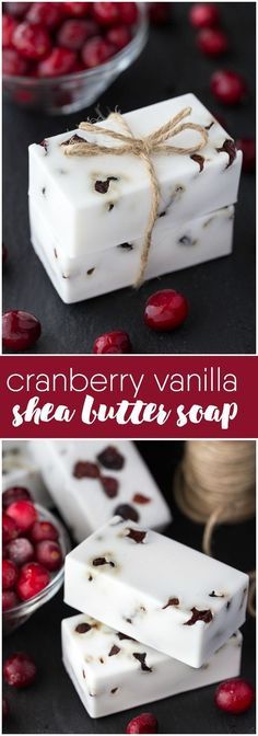 cranberry vanilla shea butter soap is shown in three different pictures, with the text above it