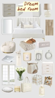 a bedroom with white furniture and accessories