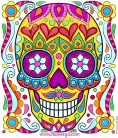 a colorful sugar skull with hearts on it