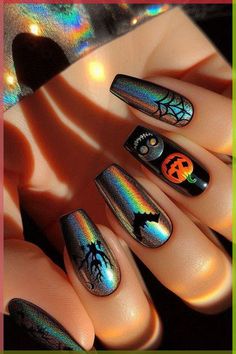 These Black Halloween Nails Are Blowing Up on Pinterest! Make your Holloween Nails unforgettable! Get ready to be inspired by these stunning Black Halloween Nails that are perfect for the spooky season! From Pink Halloween Nails and Purple Halloween Nails to fun Pumpkin Nails, these designs will elevate your nail game. Try out creative Halloween Press On Nails or go for intricate Nail Art Halloween featuring Bat Nails. Whether you’re looking for Cute Halloween Nails or bold Halloween Acrylic ... Halloween Nail Ideas, Quinceanera Nails, Black Halloween Nails, Black Designs, October Nails, Halloween Nail, Halloween Nail Art, Autumn Nails