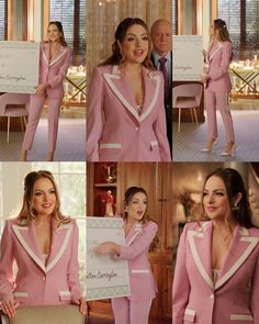 the woman in pink suit is posing for pictures with her hands on her hips and holding a sign