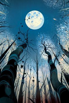 looking up at tall trees with the moon in the background