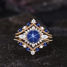 Item description ✦ Handmade, high-quality item! ✦ Material: Solid 10k/14K/18K GOLD (can be made in white/rose/yellow gold) Engagement ring ✦ Center stone: Lab Blue Star Sapphire ✦ Size/Weight: 7mm Round Cut ✦ Side stones: 2x4mm Marquise Cut and Round Cut Moissanites Wedding Bands ✦ Gemstones: 1.5x3mm Marquise Cut Lab Blue Sapphire and Round Cut Moissanites Any ring size can be made,if the ring size is not in the option list ,contact me. As it is handmade,it needs 2-4 weeks to finish and then be Luxury Celestial Sapphire Ring For Formal Occasions, Luxury Gold Sapphire Ring For May Birthstone, Star Sapphire Engagement Ring, Sapphire Engagement Ring Gold, Vintage September, Sapphire Wedding Ring Set, Original Engagement Rings, Star Sapphire Ring, Vintage Engagement Rings Sapphire