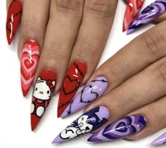 Valentine Hello Kitty Nails, Sanrio Valentines Nails, Hello Kitty Valentines Day Nails, Horror Valentines Nails, Hello Kitty Valentines Nails, Purple Valentines Nails, Purple Valentines Day Nails, Uñas Hello Kitty, Hello Kitty Nail Art