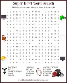 the super bowl word search is shown in this printable activity for kids to learn how to