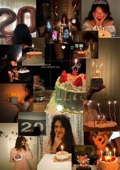 a collage of photos with birthday candles and cake in the middle, woman holding cell phone to her ear