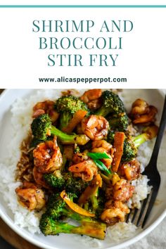 shrimp and broccoli stir fry on top of white rice in a bowl with a fork