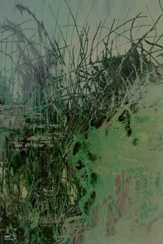 an abstract painting with brush strokes and green paint on the bottom half of the image