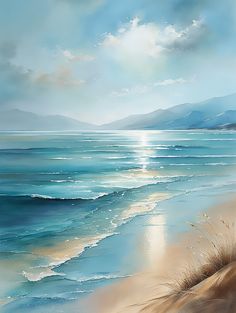 an oil painting of the ocean and beach