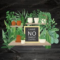 a shelf filled with potted plants next to a chalkboard that says i have no shelf control