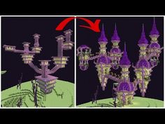 an image of a castle made out of legos in purple and green colors with red arrow pointing to it