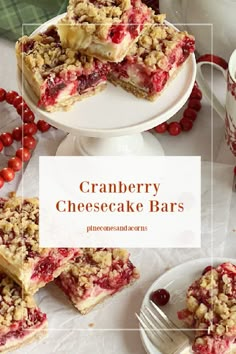 cranberry cheesecake bars on a white plate