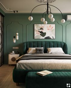 a green bedroom with a large bed and art work on the wall above it's headboard