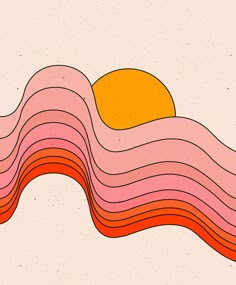 an orange and pink wave with the sun in the distance on a beige background that looks like waves