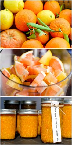 oranges, lemons and other fruits are in glass jars with labels on them