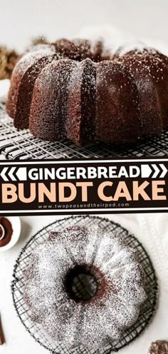 a bundt cake with powdered sugar on top and the words gingerbread bundt cake above it