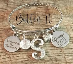 "Perfect gift for any special friend or sister in your life who is having a milestone birthday, or celebrating any birthday. This bracelet features a stainless steel expandable bangle bracelet, that measures 60mm in size (expandable to fit wrist 7-8\"). Dangling from the bangle bracelet will be *Your choice of stainless steel charm - Always my sister forever my friend heart, Live Laugh Love, Friends are family we choose, Friends are the Sunshine of Life, or Remember the Moments. * cracked glass Vintage Jewelry For Mother's Day Personalized Gift, Silver Hallmarked Bracelet For Anniversary, Vintage Personalized Bracelets For Gifts, Anniversary Jewelry With Birthstone In Stainless Steel, Stainless Steel Birthstone Jewelry For Anniversary, Nickel-free Jewelry For Anniversary, Hand Stamped Stainless Steel Jewelry For Anniversary, Silver Hallmarked Jewelry For Birthday, Sterling Silver Bracelets For Anniversary