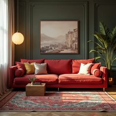 a living room filled with furniture and a large painting hanging on the wall above it