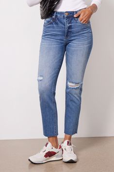 Crafted in soft stretch denim, these easy-to-love jeans by Kut From The Kloth feature a straight leg silhouette with a flattering high rise, distressed details, and raw hems. You'll be wearing them on repeat with tees, blouses, and button-downs. | KUT FROM THE KLOTH Women's Rachael Straight Leg Jeans, Blue Autumn Fashion Work, Fall Jeans, Love Jeans, Fashion 101, On Repeat, Fall Shopping, Tee Dress, Work Fashion, Stretch Denim