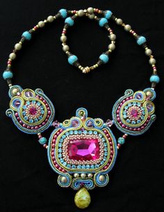 by: CieloDesign Beads Jewellery, The Necklace, Bohemian Necklace, Pink Turquoise, Bead Embroidery, Shibori, Boho Jewelry