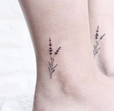 two tattoos on the legs of women with lavender flowers tattooed on their ankles and feet